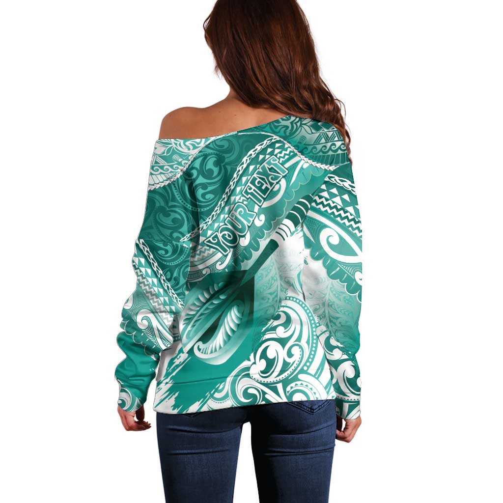 Personalised New Zealand Aotearoa Darts Masters Off Shoulder Sweater Maori Art Tattoo with Tribal Dart Symbol Teal Color - Polynesian Pride