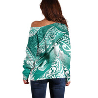Personalised New Zealand Aotearoa Darts Masters Off Shoulder Sweater Maori Art Tattoo with Tribal Dart Symbol Teal Color - Polynesian Pride