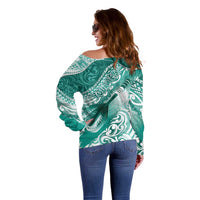 Personalised New Zealand Aotearoa Darts Masters Off Shoulder Sweater Maori Art Tattoo with Tribal Dart Symbol Teal Color - Polynesian Pride