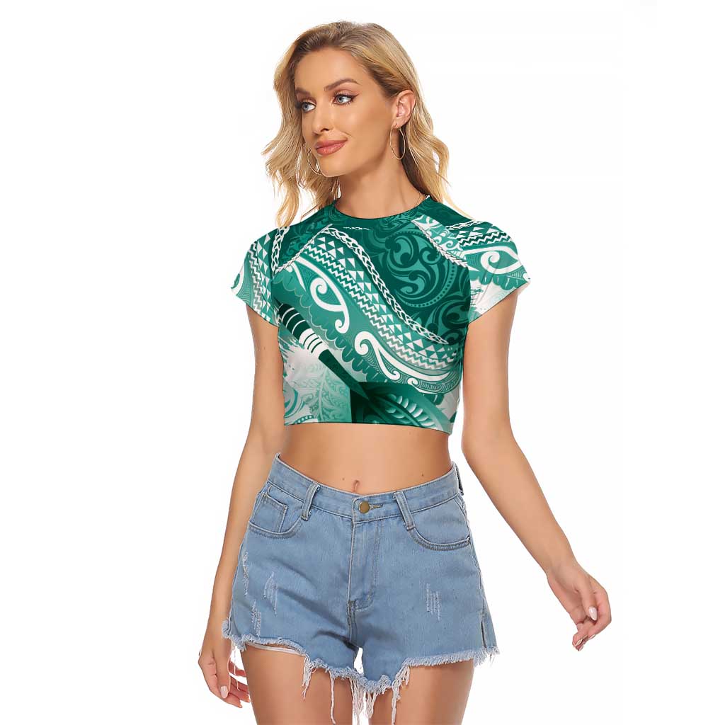 Personalised New Zealand Aotearoa Darts Masters Raglan Cropped T Shirt Maori Art Tattoo with Tribal Dart Symbol Teal Color - Polynesian Pride