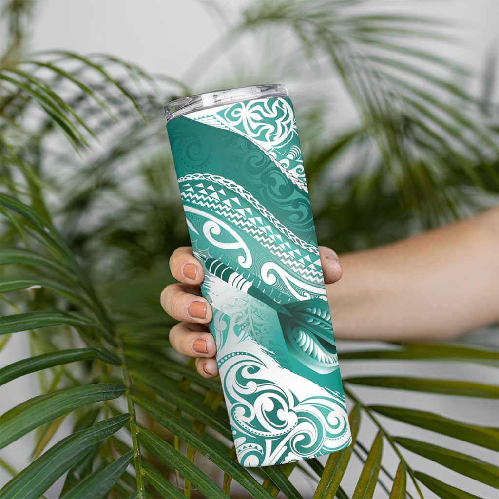 Personalised New Zealand Aotearoa Darts Masters Skinny Tumbler Maori Art Tattoo with Tribal Dart Symbol Teal Color - Polynesian Pride