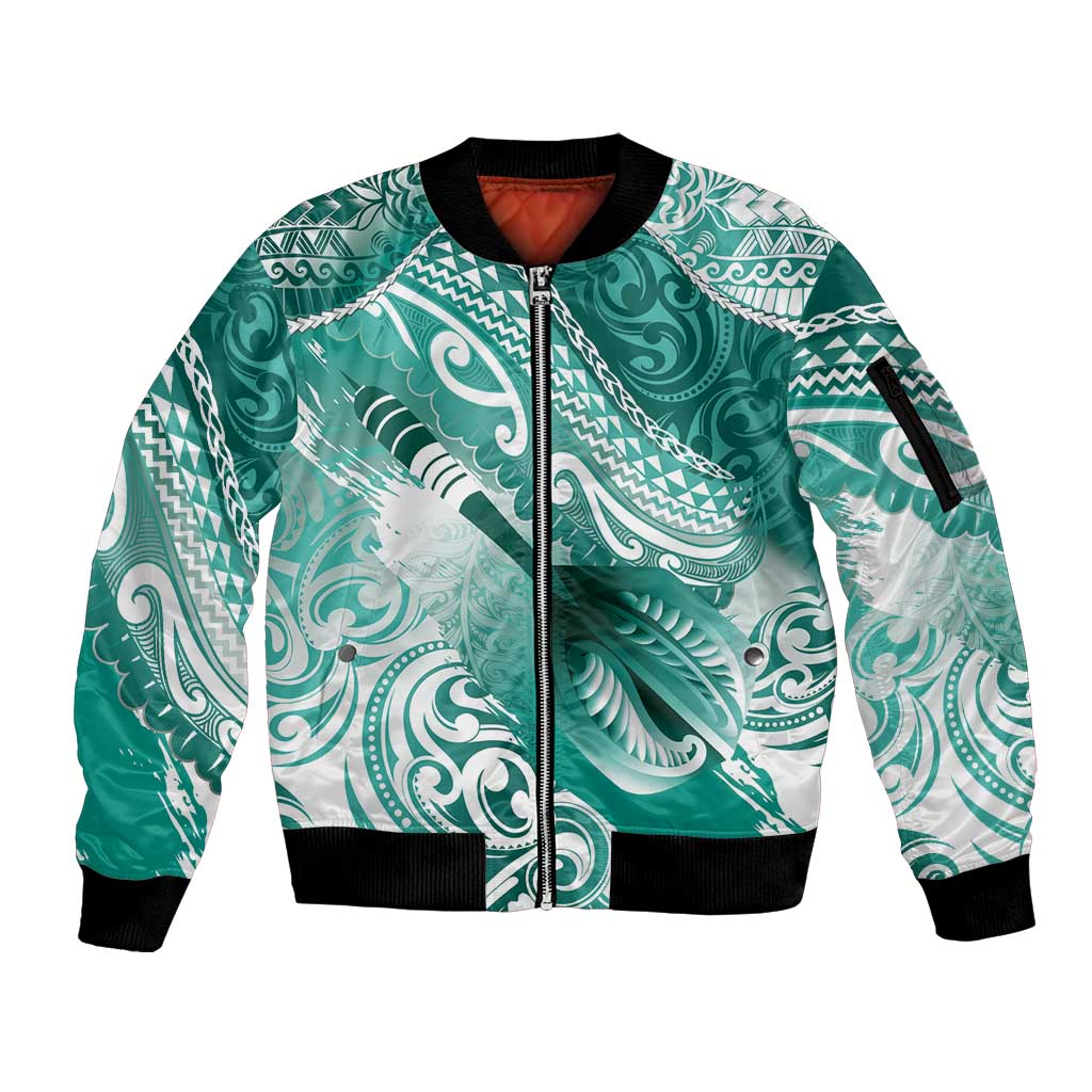 Personalised New Zealand Aotearoa Darts Masters Sleeve Zip Bomber Jacket Maori Art Tattoo with Tribal Dart Symbol Teal Color - Polynesian Pride