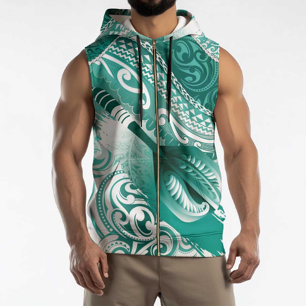 Personalised New Zealand Aotearoa Darts Masters Sleeveless Zip Hoodie Maori Art Tattoo with Tribal Dart Symbol Teal Color - Polynesian Pride