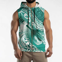 Personalised New Zealand Aotearoa Darts Masters Sleeveless Zip Hoodie Maori Art Tattoo with Tribal Dart Symbol Teal Color - Polynesian Pride