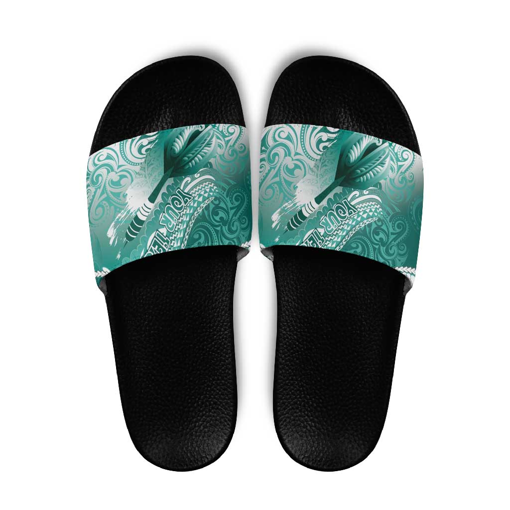 Personalised New Zealand Aotearoa Darts Masters Slide Sandals Maori Art Tattoo with Tribal Dart Symbol Teal Color - Polynesian Pride