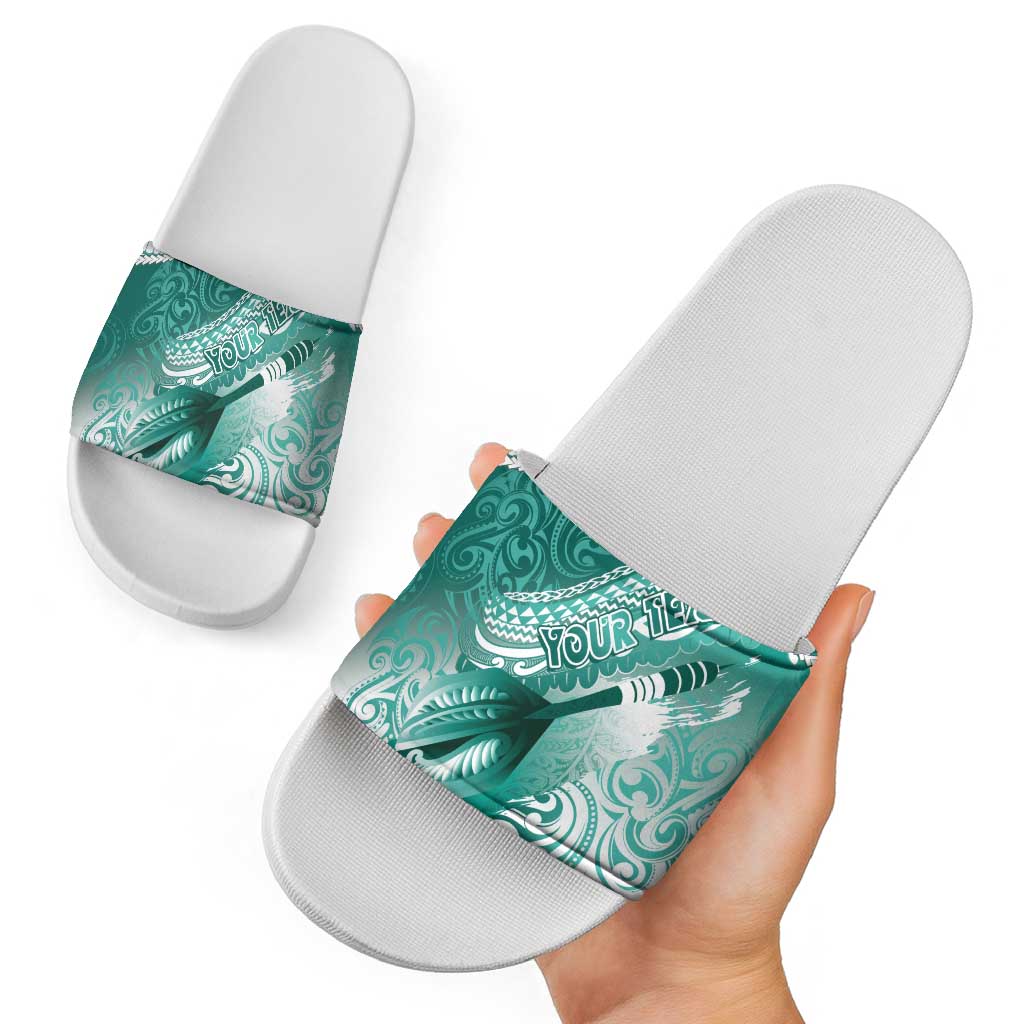Personalised New Zealand Aotearoa Darts Masters Slide Sandals Maori Art Tattoo with Tribal Dart Symbol Teal Color - Polynesian Pride