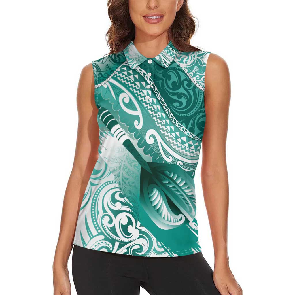 Personalised New Zealand Aotearoa Darts Masters Women Sleeveless Polo Shirt Maori Art Tattoo with Tribal Dart Symbol Teal Color - Polynesian Pride