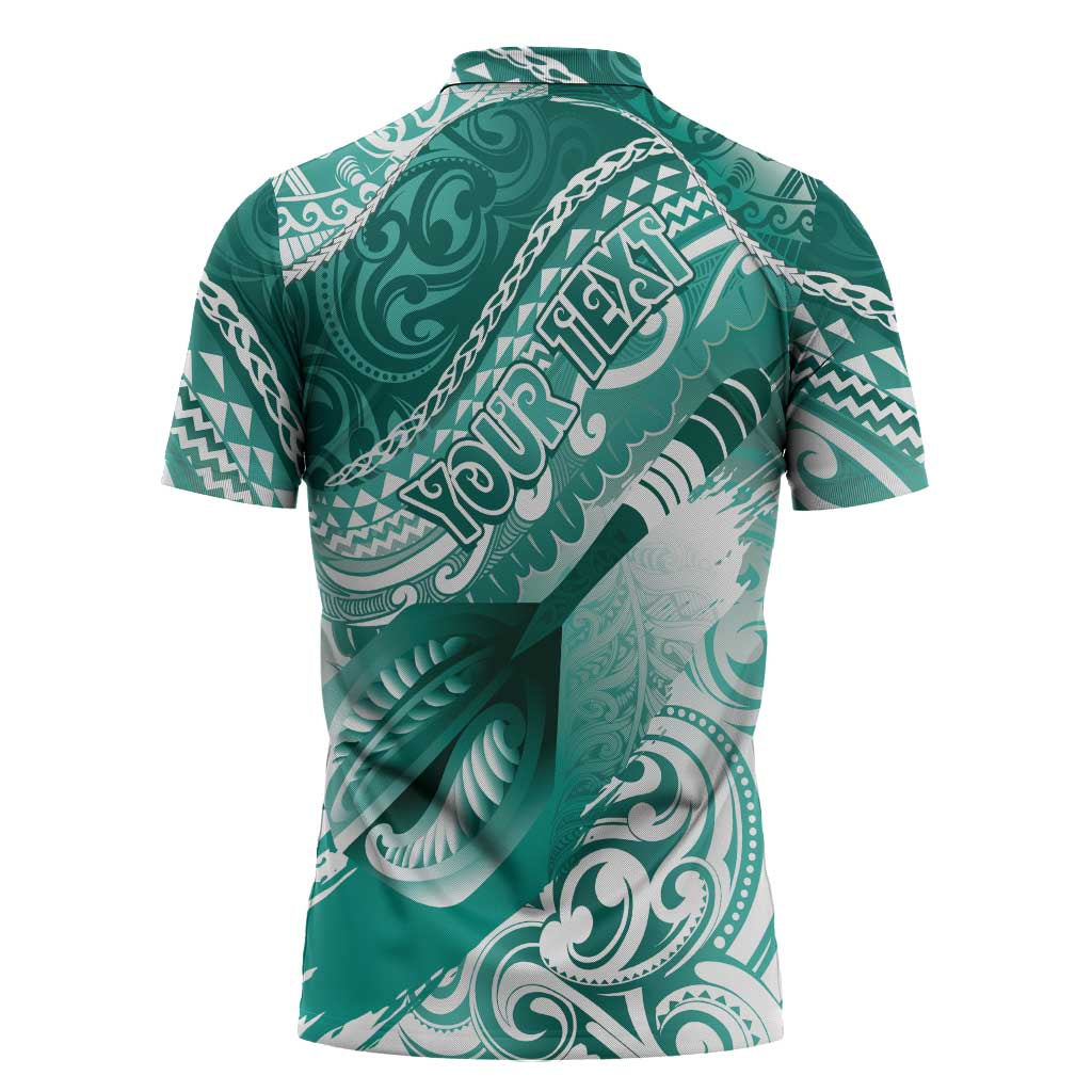 Personalised New Zealand Aotearoa Darts Masters Zipper Polo Shirt Maori Art Tattoo with Tribal Dart Symbol Teal Color - Polynesian Pride