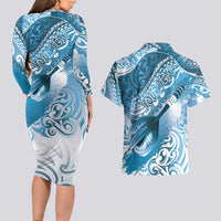 Personalised New Zealand Aotearoa Darts Masters Couples Matching Long Sleeve Bodycon Dress and Hawaiian Shirt Maori Art Tattoo with Tribal Dart Symbol Blue - Polynesian Pride