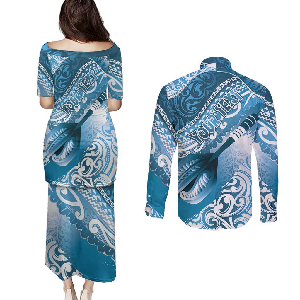 Personalised New Zealand Aotearoa Darts Masters Couples Matching Puletasi and Long Sleeve Button Shirt Maori Art Tattoo with Tribal Dart Symbol Blue - Polynesian Pride