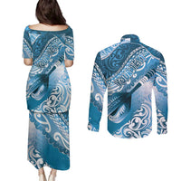 Personalised New Zealand Aotearoa Darts Masters Couples Matching Puletasi and Long Sleeve Button Shirt Maori Art Tattoo with Tribal Dart Symbol Blue - Polynesian Pride