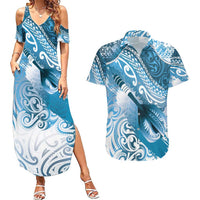Personalised New Zealand Aotearoa Darts Masters Couples Matching Summer Maxi Dress and Hawaiian Shirt Maori Art Tattoo with Tribal Dart Symbol Blue - Polynesian Pride