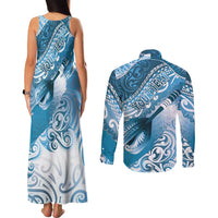 Personalised New Zealand Aotearoa Darts Masters Couples Matching Tank Maxi Dress and Long Sleeve Button Shirt Maori Art Tattoo with Tribal Dart Symbol Blue - Polynesian Pride