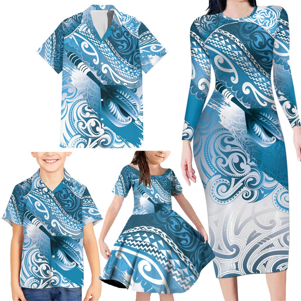 Personalised New Zealand Aotearoa Darts Masters Family Matching Long Sleeve Bodycon Dress and Hawaiian Shirt Maori Art Tattoo with Tribal Dart Symbol Blue - Polynesian Pride