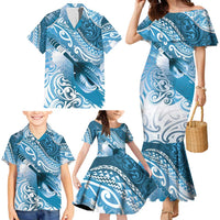 Personalised New Zealand Aotearoa Darts Masters Family Matching Mermaid Dress and Hawaiian Shirt Maori Art Tattoo with Tribal Dart Symbol Blue - Polynesian Pride