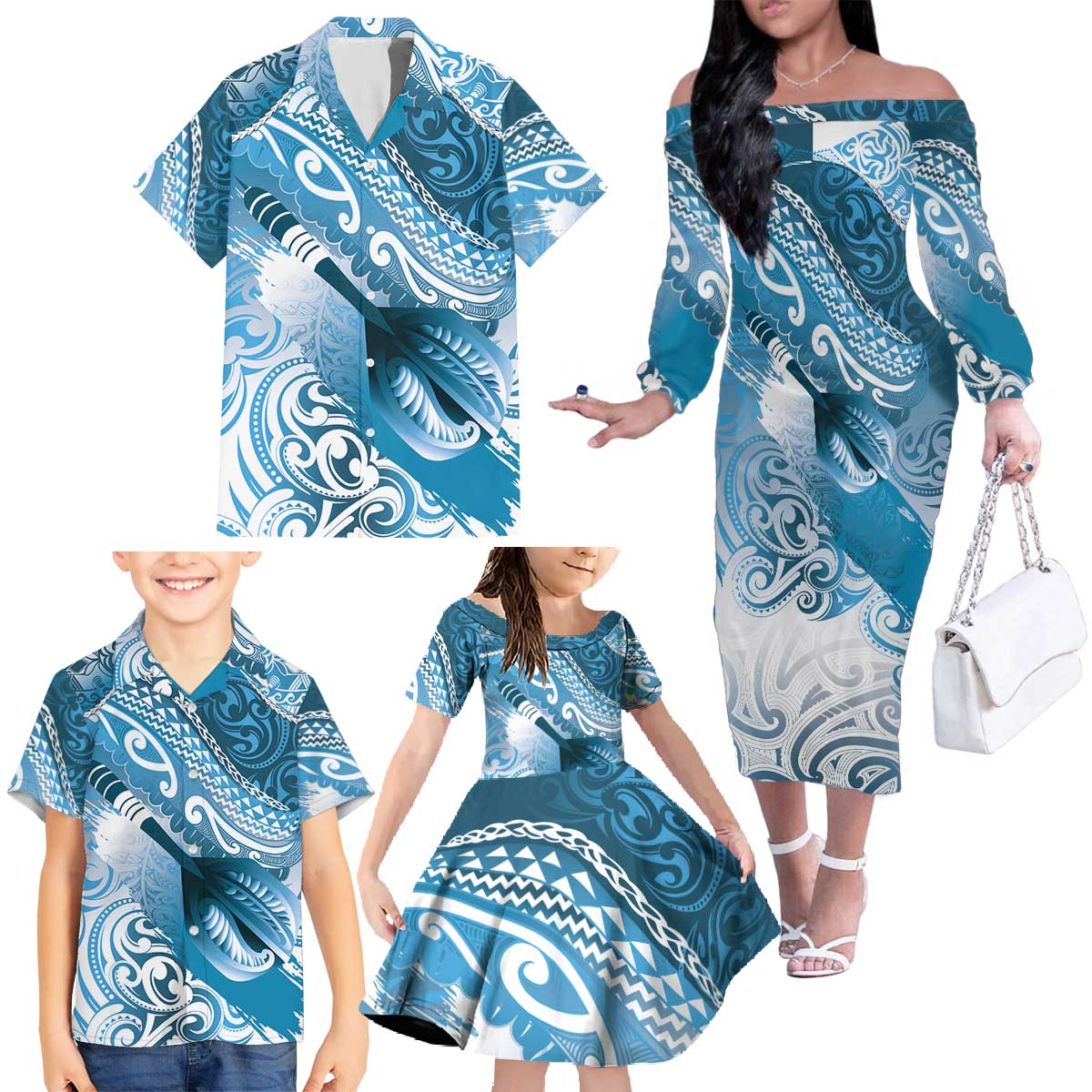 Personalised New Zealand Aotearoa Darts Masters Family Matching Off The Shoulder Long Sleeve Dress and Hawaiian Shirt Maori Art Tattoo with Tribal Dart Symbol Blue - Polynesian Pride