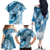 Personalised New Zealand Aotearoa Darts Masters Family Matching Off The Shoulder Long Sleeve Dress and Hawaiian Shirt Maori Art Tattoo with Tribal Dart Symbol Blue - Polynesian Pride