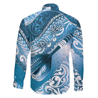 Personalised New Zealand Aotearoa Darts Masters Family Matching Off The Shoulder Long Sleeve Dress and Hawaiian Shirt Maori Art Tattoo with Tribal Dart Symbol Blue - Polynesian Pride