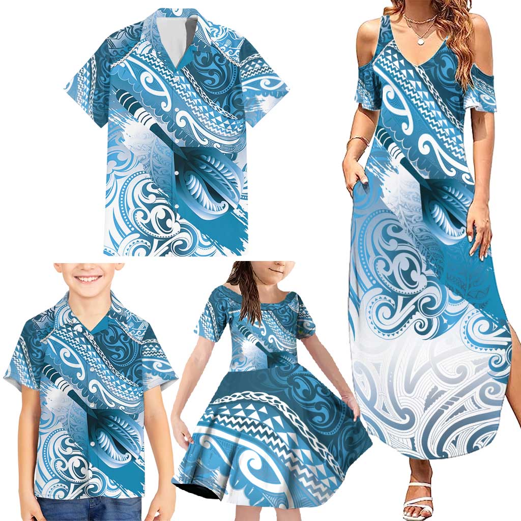 Personalised New Zealand Aotearoa Darts Masters Family Matching Summer Maxi Dress and Hawaiian Shirt Maori Art Tattoo with Tribal Dart Symbol Blue - Polynesian Pride