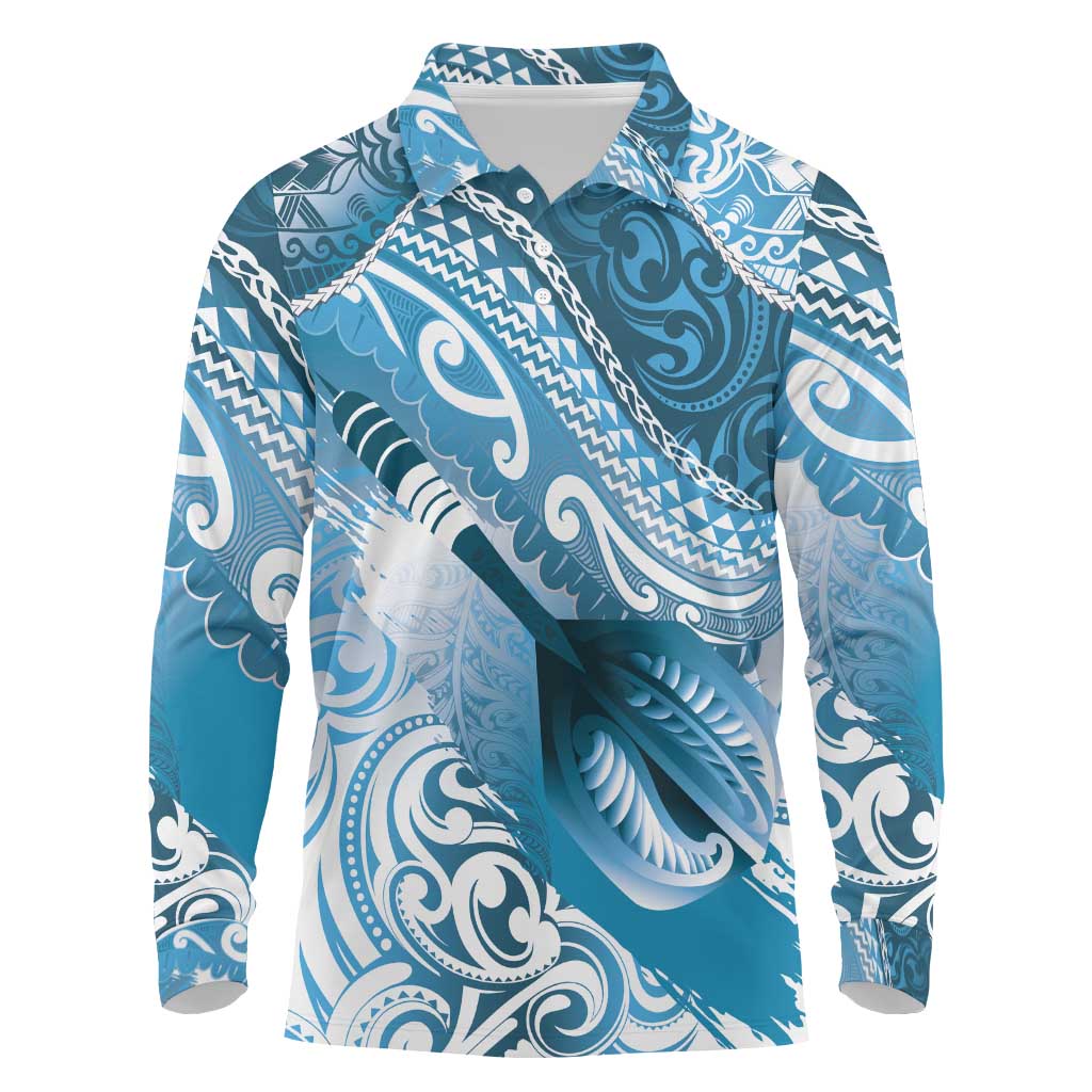 Personalised New Zealand Aotearoa Darts Masters Long Sleeve Polo Shirt Maori Art Tattoo with Tribal Dart Symbol Blue - Polynesian Pride