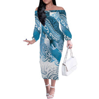 Personalised New Zealand Aotearoa Darts Masters Off The Shoulder Long Sleeve Dress Maori Art Tattoo with Tribal Dart Symbol Blue - Polynesian Pride