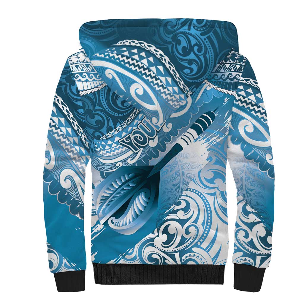Personalised New Zealand Aotearoa Darts Masters Sherpa Hoodie Maori Art Tattoo with Tribal Dart Symbol Blue - Polynesian Pride