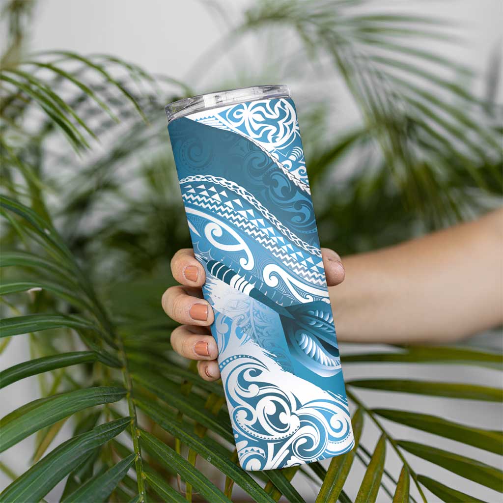 Personalised New Zealand Aotearoa Darts Masters Skinny Tumbler Maori Art Tattoo with Tribal Dart Symbol Blue - Polynesian Pride