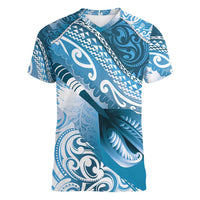 Personalised New Zealand Aotearoa Darts Masters Women V-Neck T-Shirt Maori Art Tattoo with Tribal Dart Symbol Blue - Polynesian Pride