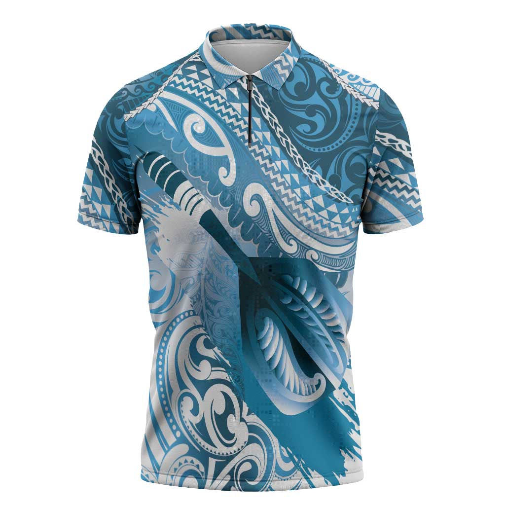 Personalised New Zealand Aotearoa Darts Masters Zipper Polo Shirt Maori Art Tattoo with Tribal Dart Symbol Blue - Polynesian Pride