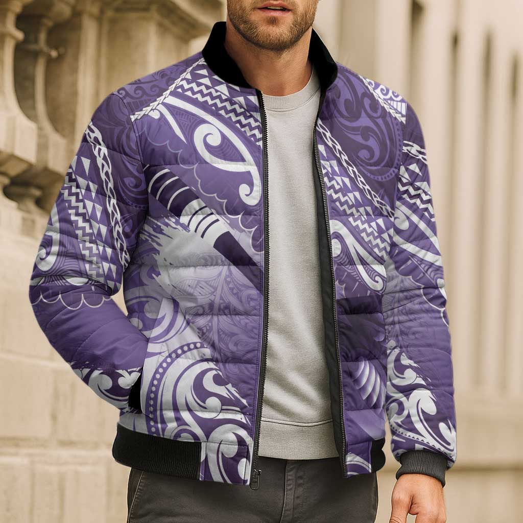 Personalised New Zealand Aotearoa Darts Masters Bomber Puffer Jacket Maori Art Tattoo with Tribal Dart Symbol Purple - Polynesian Pride