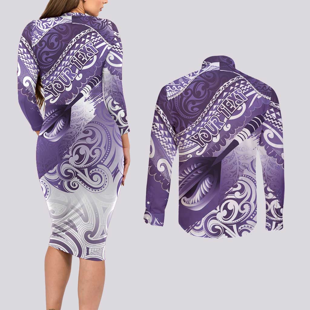 Personalised New Zealand Aotearoa Darts Masters Couples Matching Long Sleeve Bodycon Dress and Long Sleeve Button Shirt Maori Art Tattoo with Tribal Dart Symbol Purple - Polynesian Pride