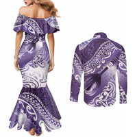 Personalised New Zealand Aotearoa Darts Masters Couples Matching Mermaid Dress and Long Sleeve Button Shirt Maori Art Tattoo with Tribal Dart Symbol Purple - Polynesian Pride