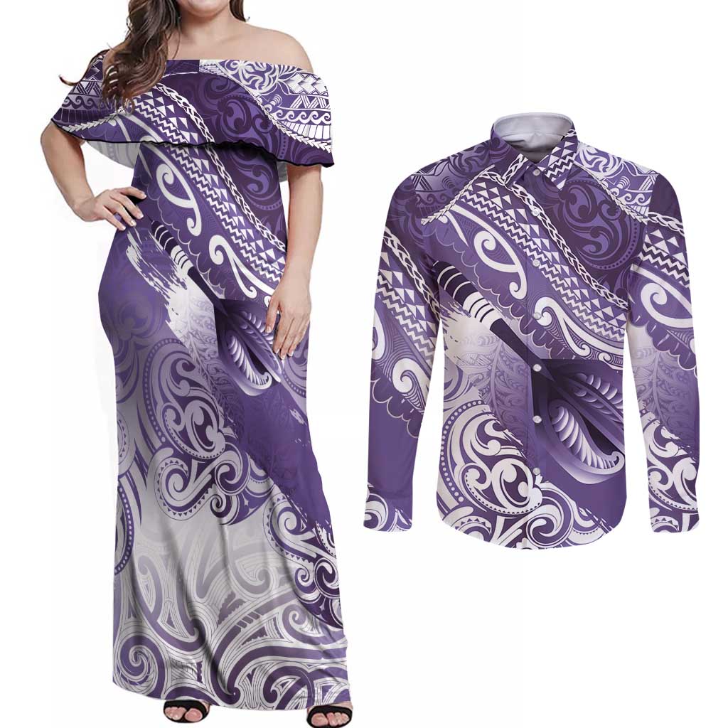 Personalised New Zealand Aotearoa Darts Masters Couples Matching Off Shoulder Maxi Dress and Long Sleeve Button Shirt Maori Art Tattoo with Tribal Dart Symbol Purple - Polynesian Pride