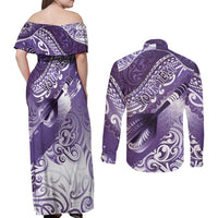 Personalised New Zealand Aotearoa Darts Masters Couples Matching Off Shoulder Maxi Dress and Long Sleeve Button Shirt Maori Art Tattoo with Tribal Dart Symbol Purple - Polynesian Pride