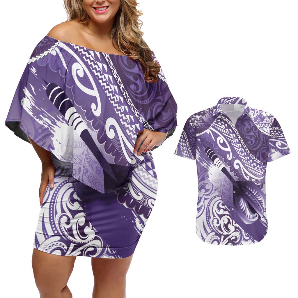 Personalised New Zealand Aotearoa Darts Masters Couples Matching Off Shoulder Short Dress and Hawaiian Shirt Maori Art Tattoo with Tribal Dart Symbol Purple - Polynesian Pride