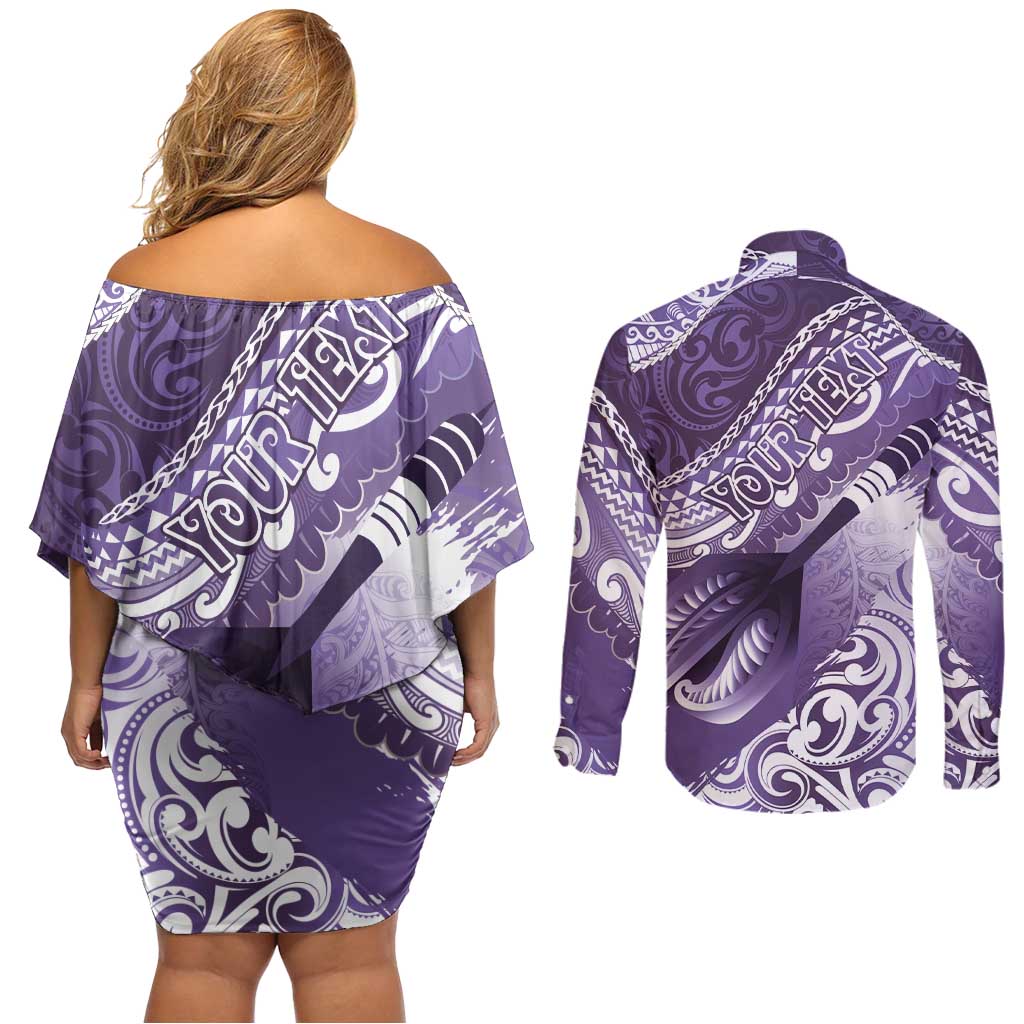 Personalised New Zealand Aotearoa Darts Masters Couples Matching Off Shoulder Short Dress and Long Sleeve Button Shirt Maori Art Tattoo with Tribal Dart Symbol Purple - Polynesian Pride