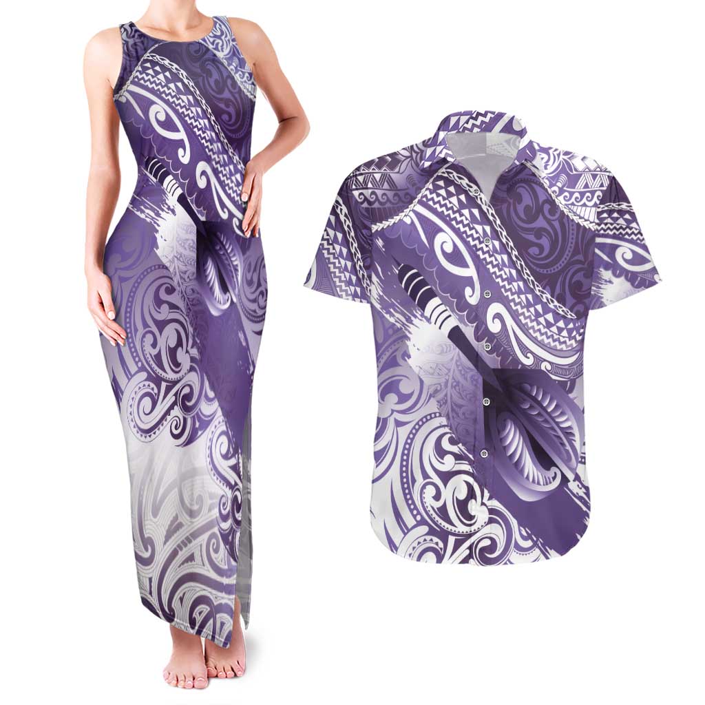 Personalised New Zealand Aotearoa Darts Masters Couples Matching Tank Maxi Dress and Hawaiian Shirt Maori Art Tattoo with Tribal Dart Symbol Purple - Polynesian Pride