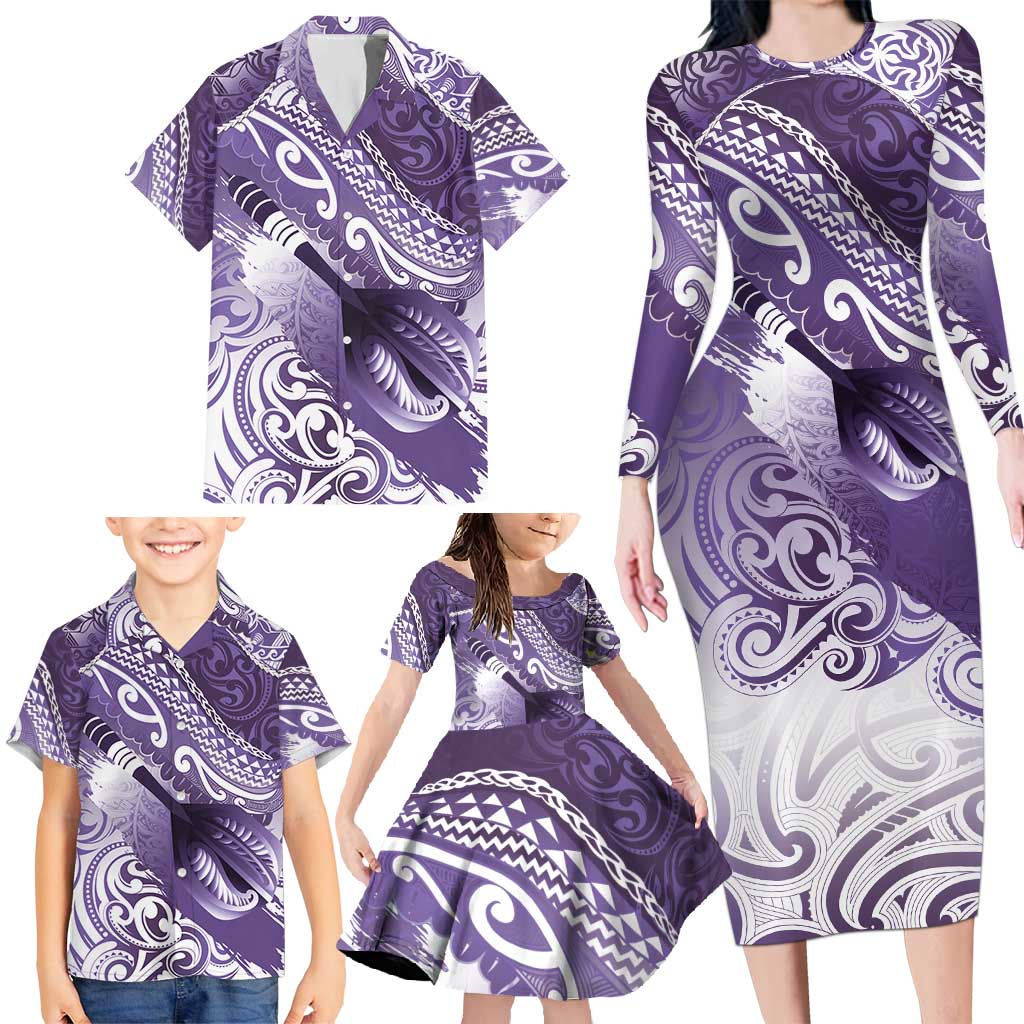 Personalised New Zealand Aotearoa Darts Masters Family Matching Long Sleeve Bodycon Dress and Hawaiian Shirt Maori Art Tattoo with Tribal Dart Symbol Purple - Polynesian Pride