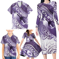 Personalised New Zealand Aotearoa Darts Masters Family Matching Long Sleeve Bodycon Dress and Hawaiian Shirt Maori Art Tattoo with Tribal Dart Symbol Purple - Polynesian Pride