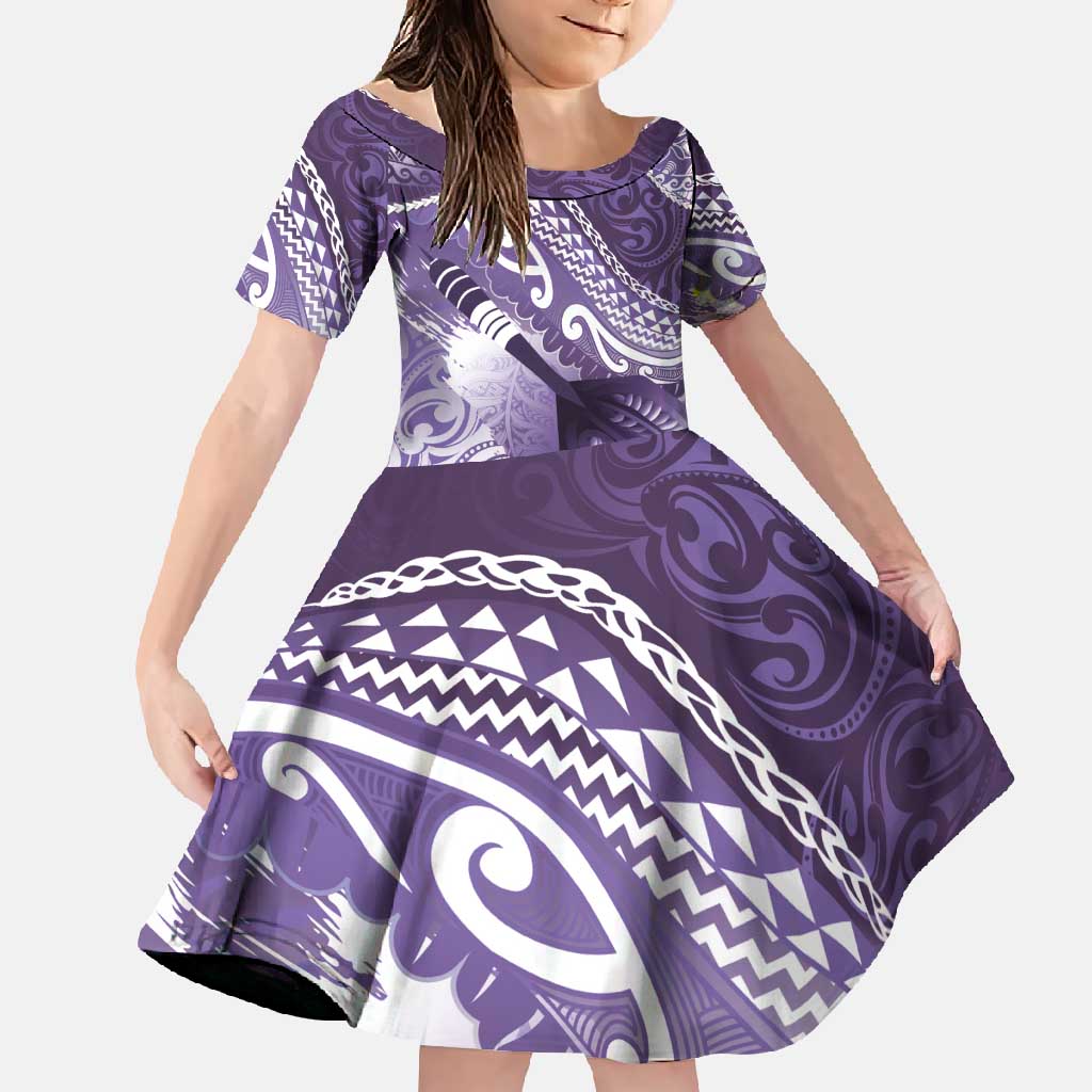 Personalised New Zealand Aotearoa Darts Masters Family Matching Off Shoulder Maxi Dress and Hawaiian Shirt Maori Art Tattoo with Tribal Dart Symbol Purple - Polynesian Pride