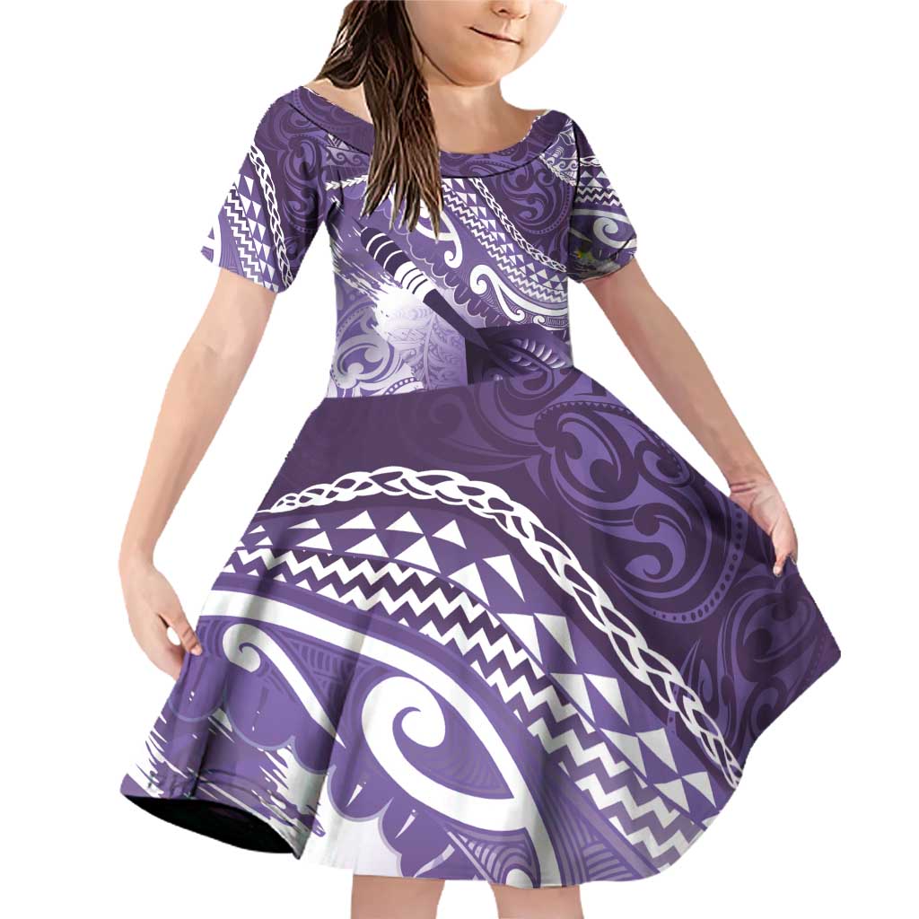 Personalised New Zealand Aotearoa Darts Masters Family Matching Off Shoulder Short Dress and Hawaiian Shirt Maori Art Tattoo with Tribal Dart Symbol Purple - Polynesian Pride