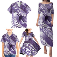 Personalised New Zealand Aotearoa Darts Masters Family Matching Puletasi and Hawaiian Shirt Maori Art Tattoo with Tribal Dart Symbol Purple - Polynesian Pride