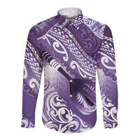 Personalised New Zealand Aotearoa Darts Masters Long Sleeve Button Shirt Maori Art Tattoo with Tribal Dart Symbol Purple - Polynesian Pride