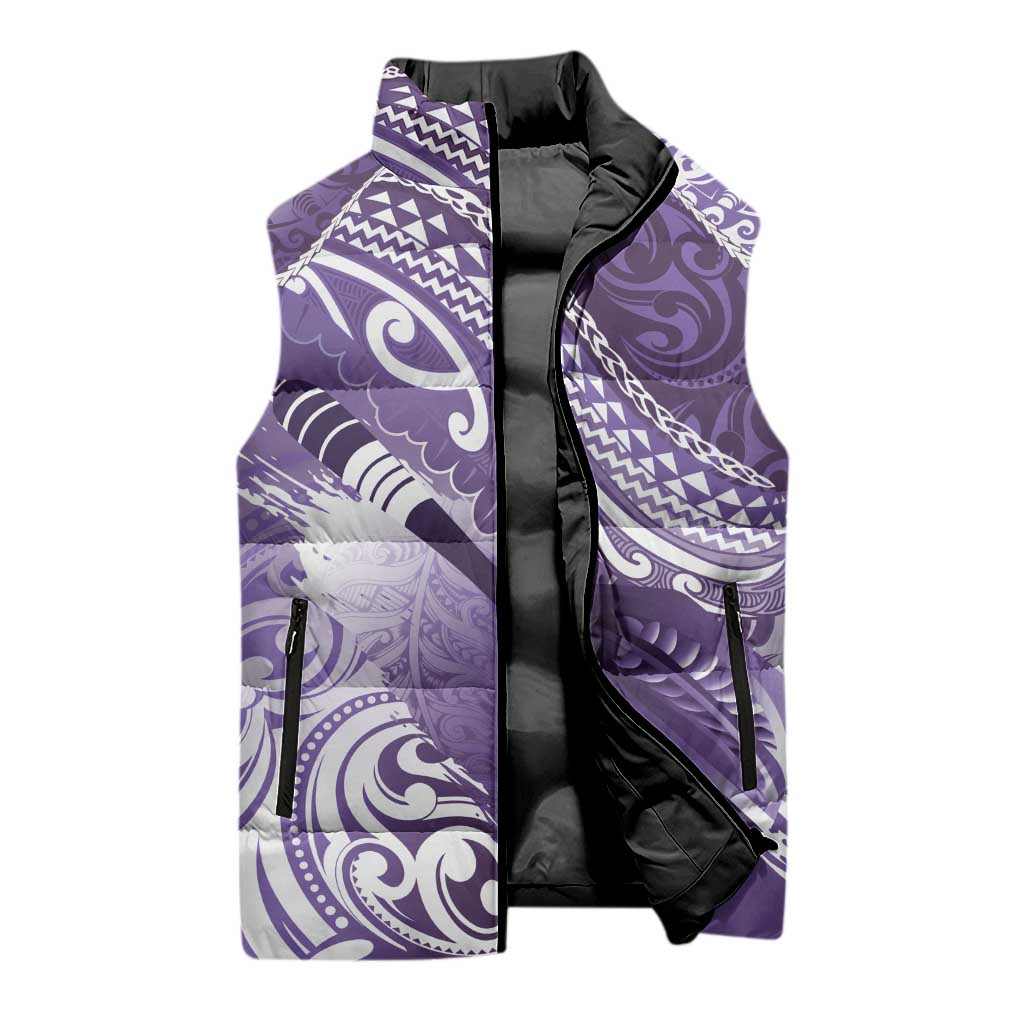 Personalised New Zealand Aotearoa Darts Masters Sleeveless Puffer Jacket Maori Art Tattoo with Tribal Dart Symbol Purple - Polynesian Pride