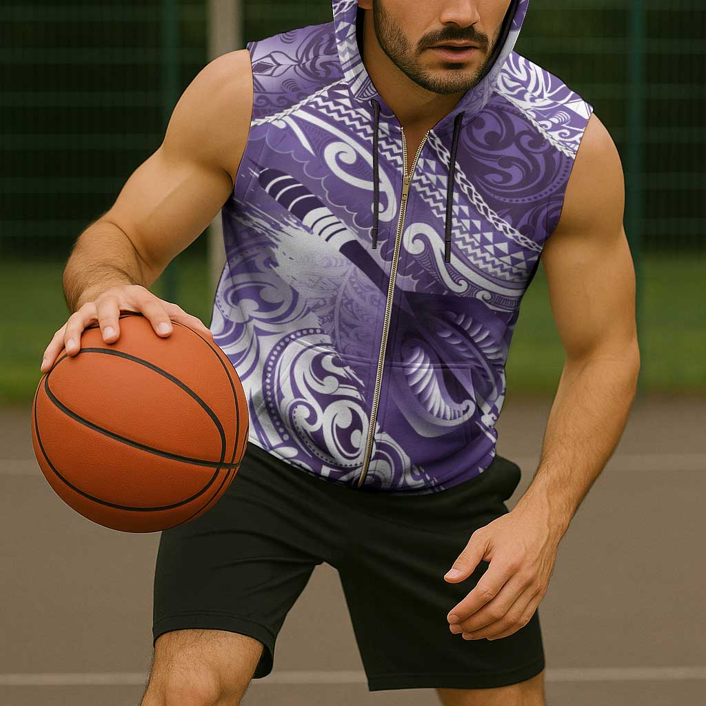 Personalised New Zealand Aotearoa Darts Masters Sleeveless Zip Hoodie Maori Art Tattoo with Tribal Dart Symbol Purple - Polynesian Pride