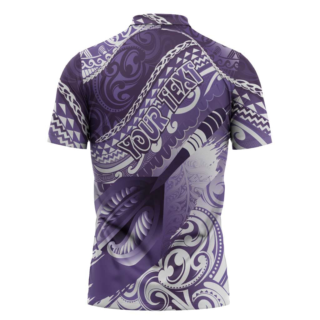 Personalised New Zealand Aotearoa Darts Masters Zipper Polo Shirt Maori Art Tattoo with Tribal Dart Symbol Purple - Polynesian Pride