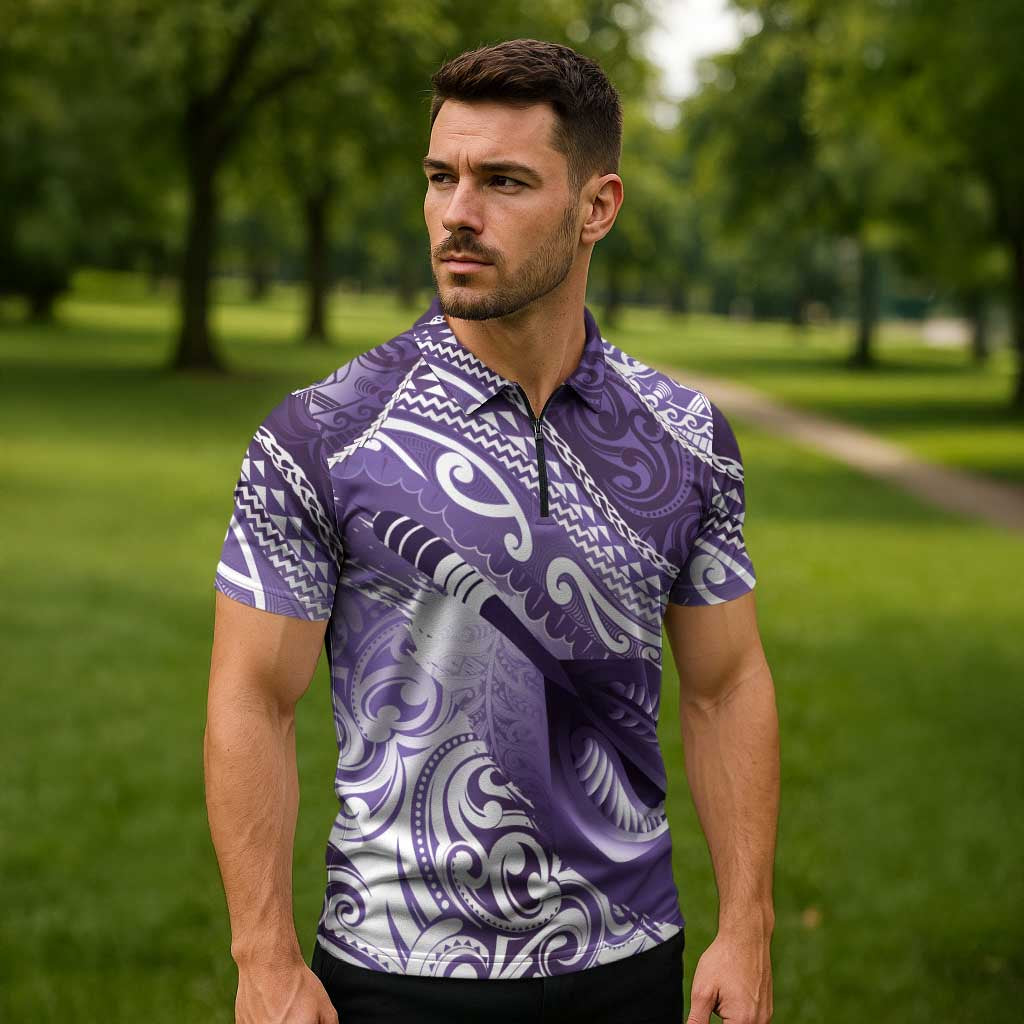 Personalised New Zealand Aotearoa Darts Masters Zipper Polo Shirt Maori Art Tattoo with Tribal Dart Symbol Purple - Polynesian Pride