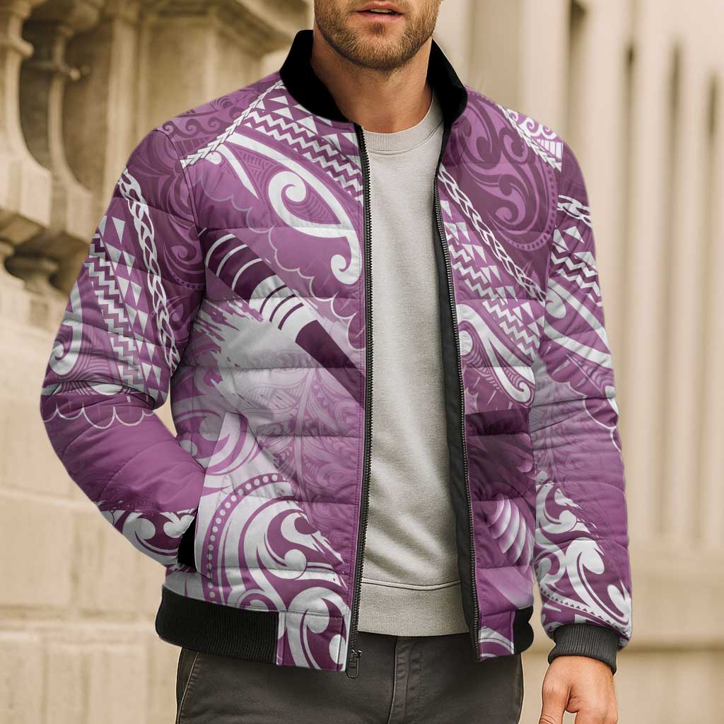 Personalised New Zealand Aotearoa Darts Masters Bomber Puffer Jacket Maori Art Tattoo with Tribal Dart Symbol Pink - Polynesian Pride