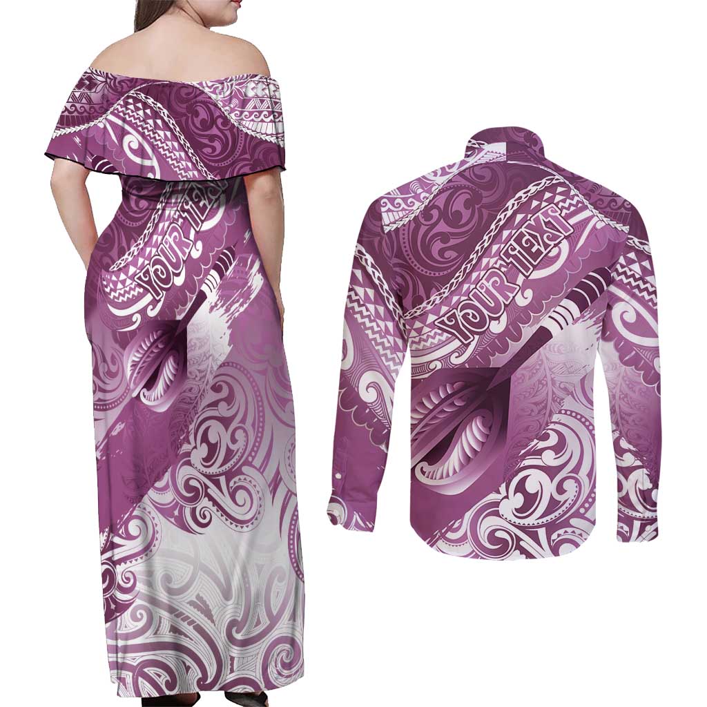 Personalised New Zealand Aotearoa Darts Masters Couples Matching Off Shoulder Maxi Dress and Long Sleeve Button Shirt Maori Art Tattoo with Tribal Dart Symbol Pink - Polynesian Pride