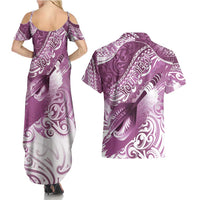 Personalised New Zealand Aotearoa Darts Masters Couples Matching Summer Maxi Dress and Hawaiian Shirt Maori Art Tattoo with Tribal Dart Symbol Pink - Polynesian Pride